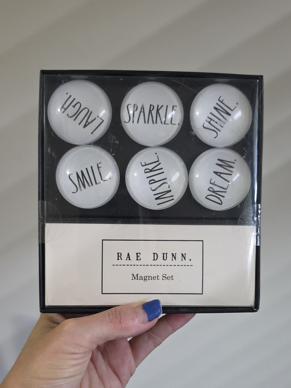 New Rae Dunn Glass-Dome Magnet Set of 6 Smile Sparkle Dream Inspire Laugh Shine